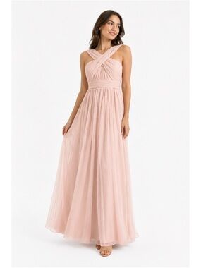 NWT JJ's House Pearl Pink Halter Neck Pleated Chiffon Maxi Bridesmaid Dress